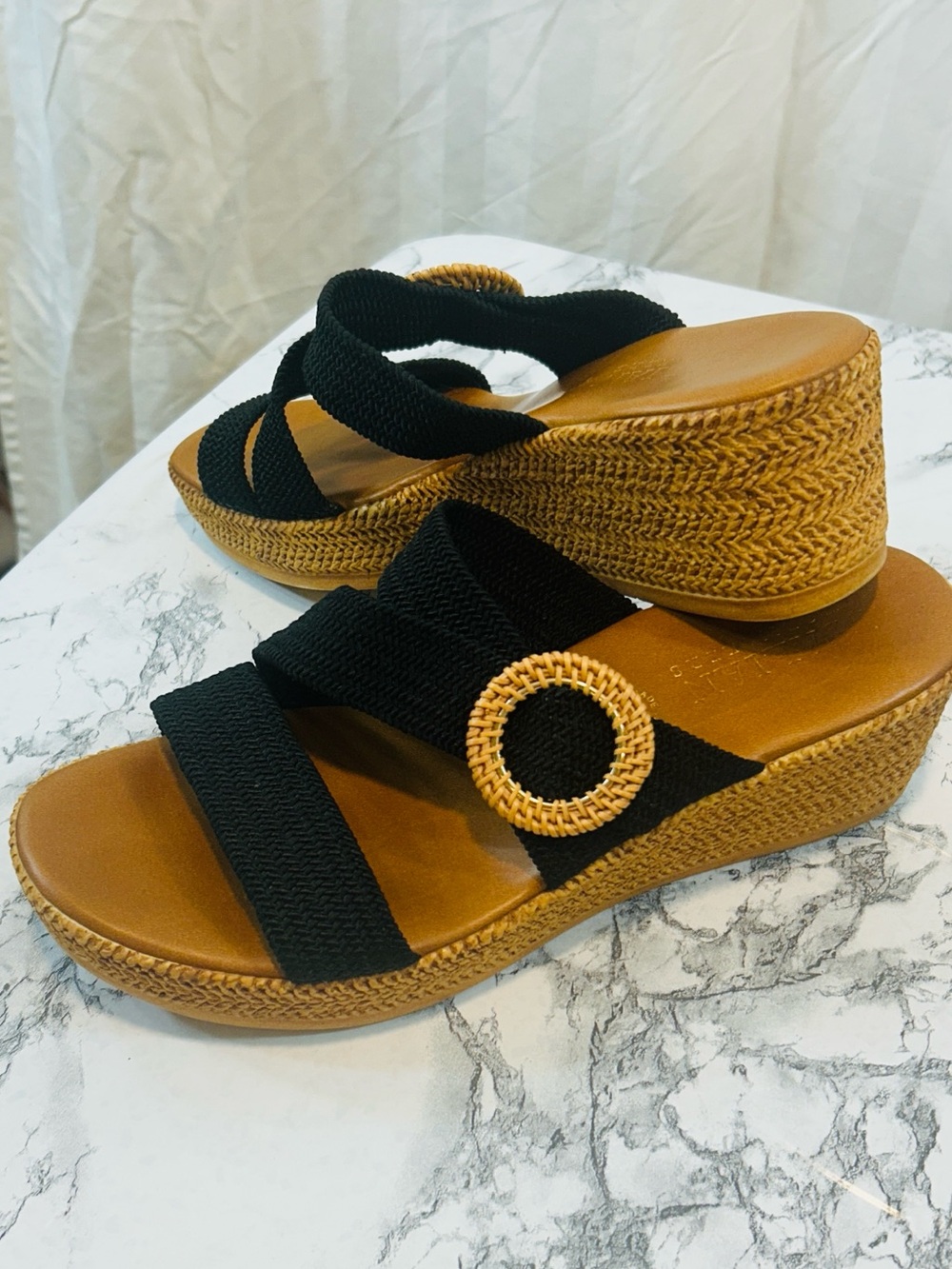 Italian Shoemakers Black and Tan Wedge Sandals with Rattan Accent